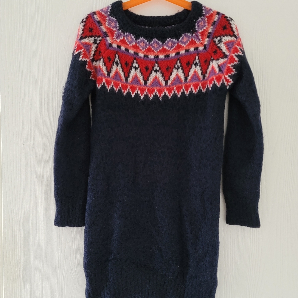 Gap Kids Girls Size S (6-7) Warm Sweater Dress Knit Navy Blue w/geometric print